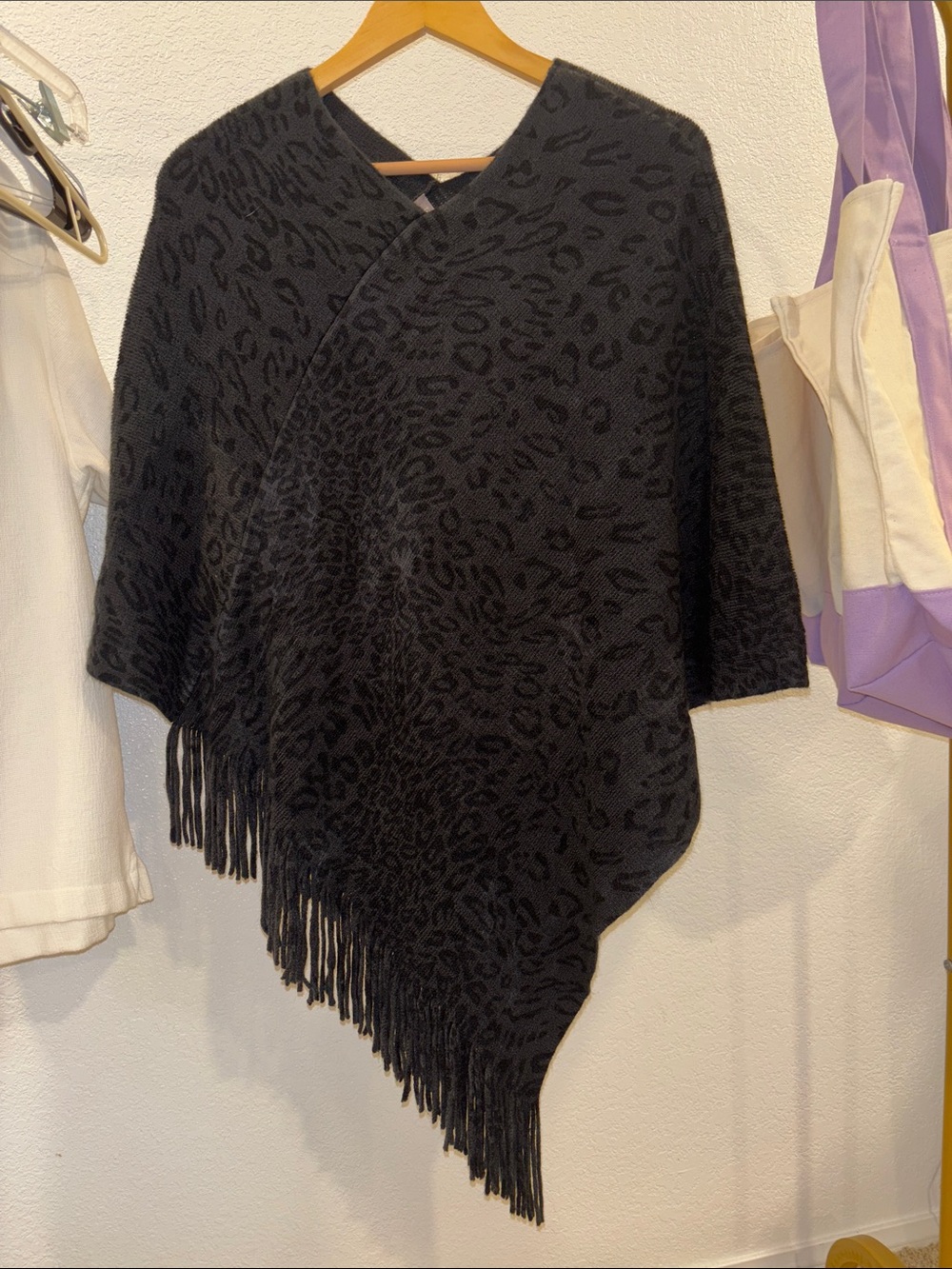 Chico's Black Jacquard Knit Poncho with Fringe